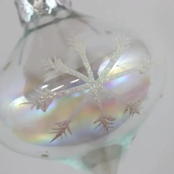 Clear Iridescent Glass Teardrop Ornament White Glitter Antler Motifs 3.25"