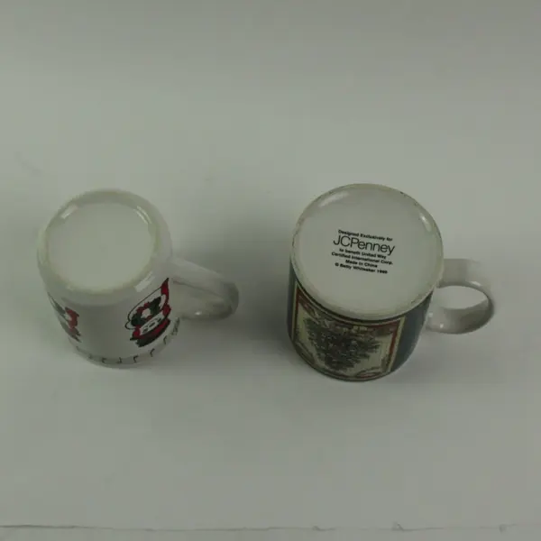 Lot of 2 JCPenney Betty Whiteaker 1999 Ceramic Christmas Mugs Snowman Tree