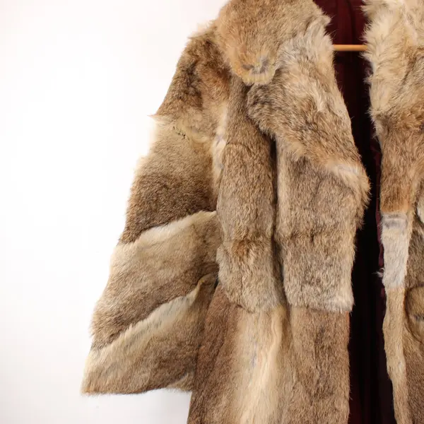 Women's XL Brown Rabbit Fur Belted Coat Open Front