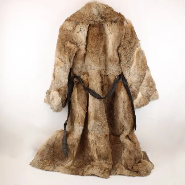 Women's XL Brown Rabbit Fur Belted Coat Open Front