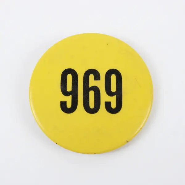 Vintage Yellow Employee Number 969 Round Pinback Button