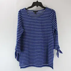Tribal 33640-2706 Women's Petite Small Blue/White Knit Striped Tie-Sleeve Top