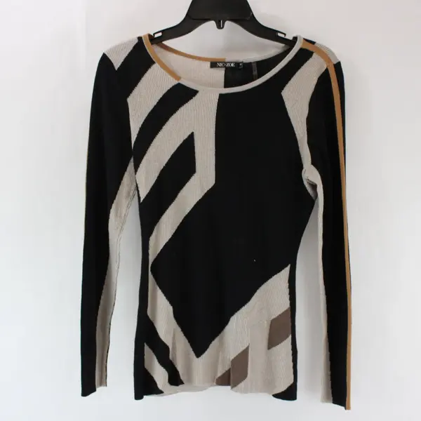 NIC+ZOE Women's Knit Top Small Black Beige Brown Geometric Long Sleeve