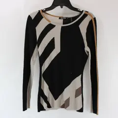 NIC+ZOE Women's Knit Top Small Black Beige Brown Geometric Long Sleeve