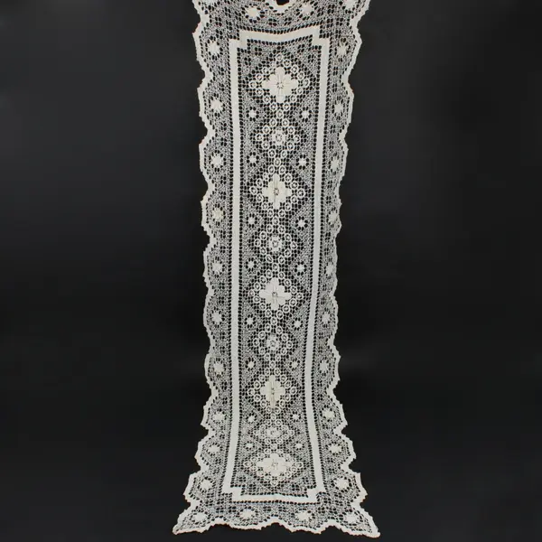 Antique Filet Lace Table Runner 45 x 12 Floral Scalloped Edge