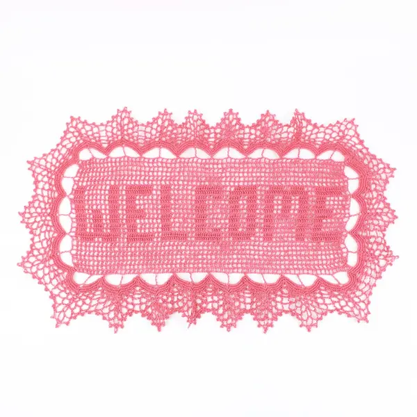Dark Pink Handmade Crochet Filet Welcome Doily Lace Scalloped Edge