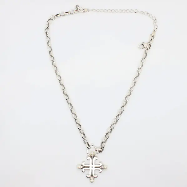 Brighton Silver Tone Cross Pendant Necklace Faux Pearl Chunky Chain 17 to 22in
