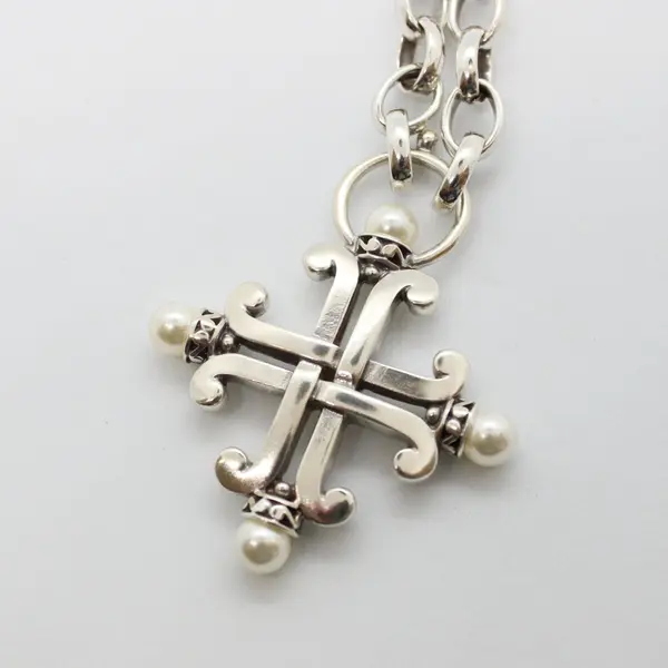 Brighton Silver Tone Cross Pendant Necklace Faux Pearl Chunky Chain 17 to 22in