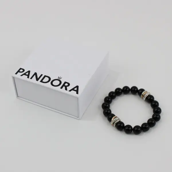 Pandora Black Beaded Bracelet Silver-Tone Rose-Gold-Tone Rhinestone Accents