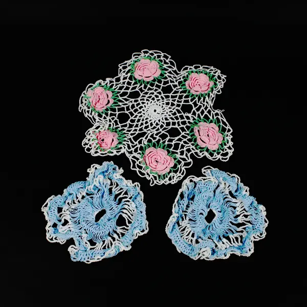 Lot of 3 Handmade Crochet Doilies White Pink Floral Blue White