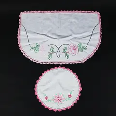Lot of 2  Vintage Embroidered Linen Floral Crochet Edge Doilies