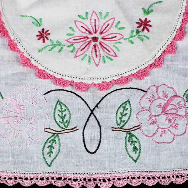 Lot of 2  Vintage Embroidered Linen Floral Crochet Edge Doilies