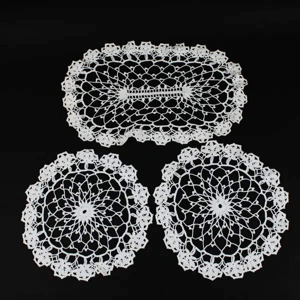 Handmade Crochet Lace Doily Set of 3 White Round Oval Floral Edge