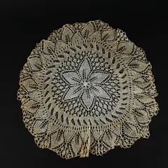 Tea Dyed Hand Crocheted Lace Doily Round Floral Leaf Scalloped Edge