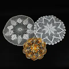Set of 3 Hand-Crocheted Round Doilies White Orange Cream Floral Decor
