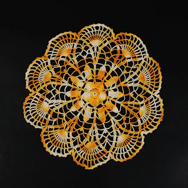 Set of 3 Hand-Crocheted Round Doilies White Orange Cream Floral Decor
