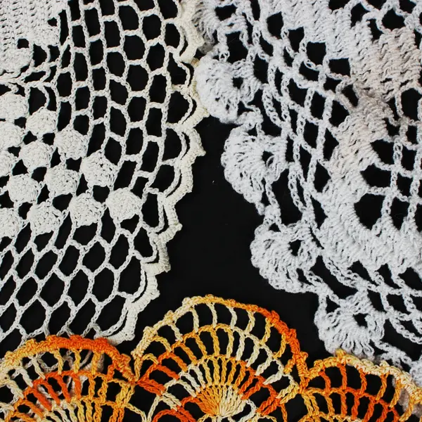 Set of 3 Hand-Crocheted Round Doilies White Orange Cream Floral Decor