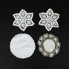 Lot of 4 White Mixed Crochet & Cloth Eyelet Lace Doilies Scalloped Edge
