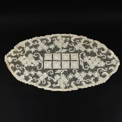 Crochet Filet Lace Doily Oval Floral Scalloped Edge White 21x10.5