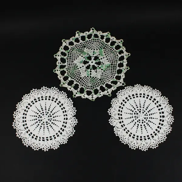 Lot of 3 Hand-Crocheted Round Lace Doilies 2 White 1 Green & White