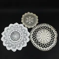 Lot of 3 White & Beige Handmade Crocheted Round Lace Doilies