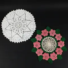 Lot of 2 Crochet Doilies White & Pink Rose Floral Centerpieces