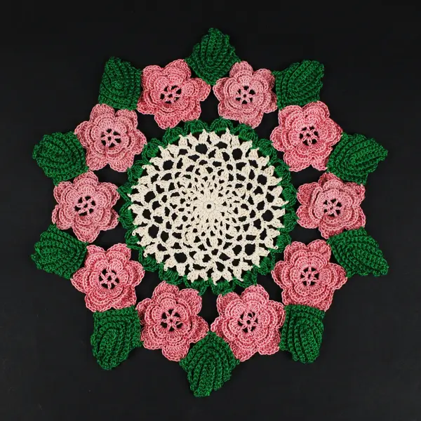 Lot of 2 Crochet Doilies White & Pink Rose Floral Centerpieces