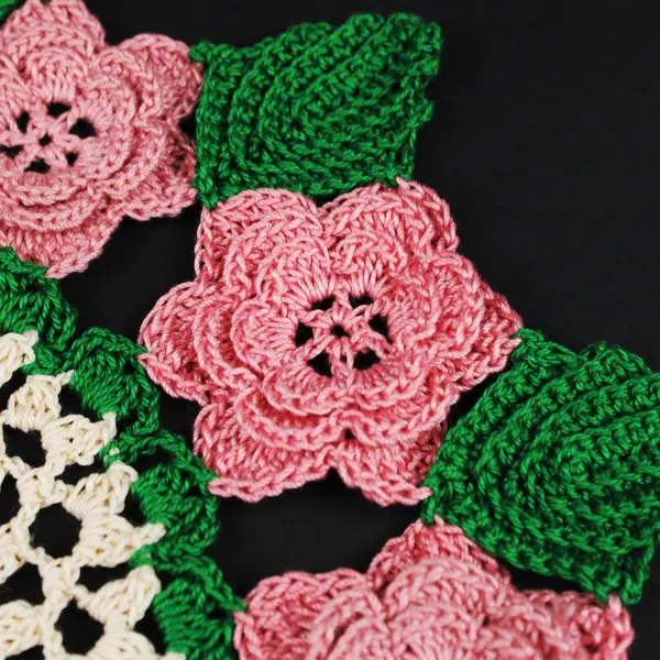 Lot of 2 Crochet Doilies White & Pink Rose Floral Centerpieces