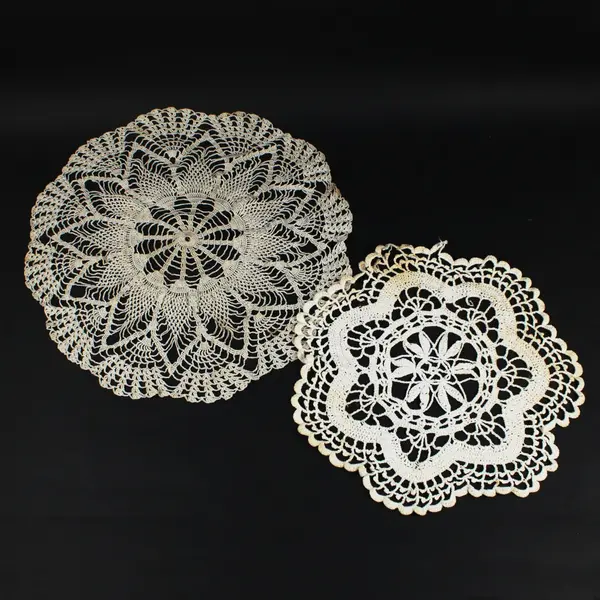 Lot of 2 Handmade Crochet Doilies Beige Off-White Lace Round Oval
