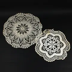 Lot of 2 Handmade Crochet Doilies Beige Off-White Lace Round Oval
