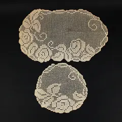 Lot of 2 Crochet Lace Table Runner & Round Doily Floral Rose