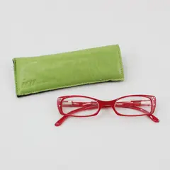 Pair ICU Eyewear Eye Readers 2.25x Green Case, Red Frames with Bling 