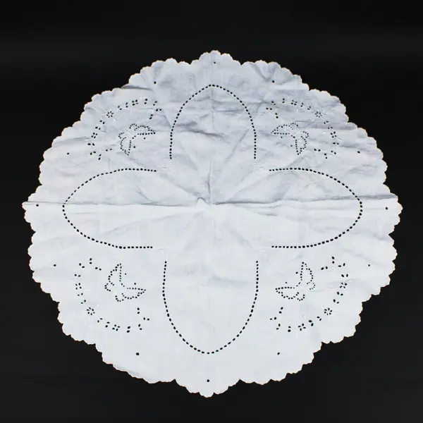 Vintage White Linen Embroidered Butterfly Table Doily 21" Scalloped Edge