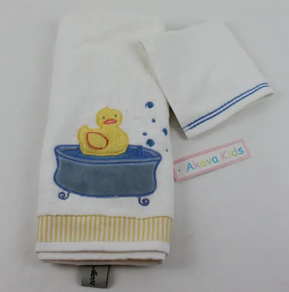 Akova Kids White Towel & Washcloth Set Blue Trim Turtle Fish