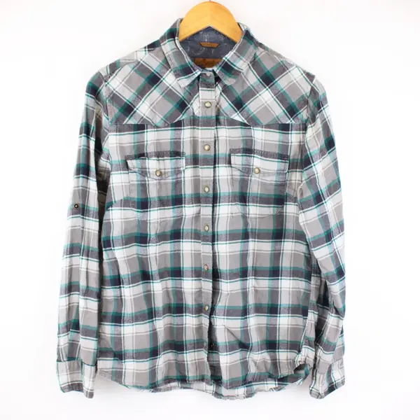 Jach's Girlfriend Bea Snap Flannel Shirt Gray Teal Plaid Women's Small