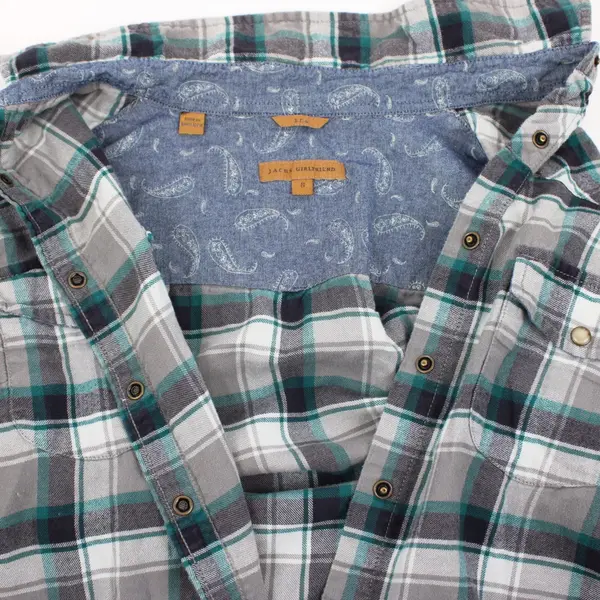 Jach's Girlfriend Bea Snap Flannel Shirt Gray Teal Plaid Women's Small