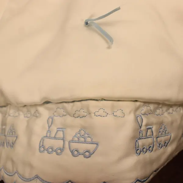 Embroidered Train Baby Comforter Blanket Cream Beige Blue 33x47 Flawed