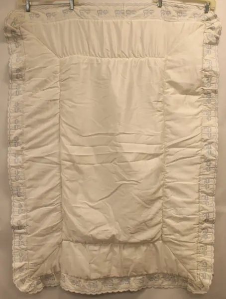 Embroidered Train Baby Comforter Blanket Cream Beige Blue 33x47 Flawed