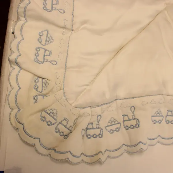 Embroidered Train Baby Comforter Blanket Cream Beige Blue 33x47 Flawed