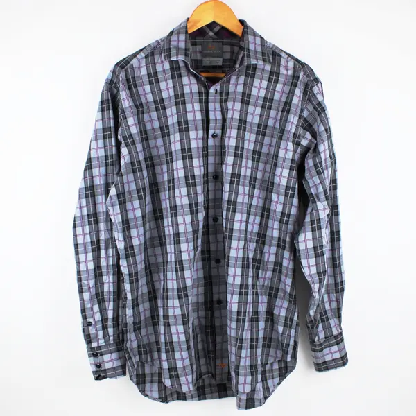 Thomas Dean Men's Large Long Sleeve Plaid Button-Up Shirt Gray Purple Blue