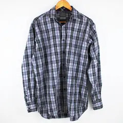 Thomas Dean Men's Large Long Sleeve Plaid Button-Up Shirt Gray Purple Blue