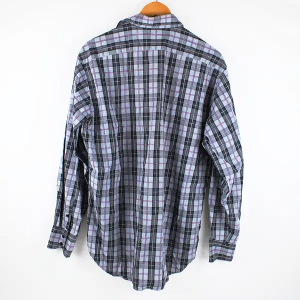 Thomas Dean Men's Large Long Sleeve Plaid Button-Up Shirt Gray Purple Blue