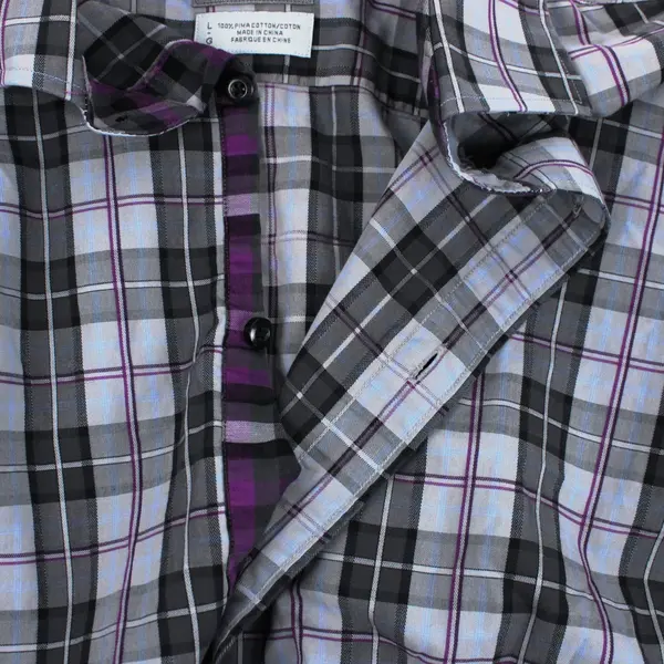 Thomas Dean Men's Large Long Sleeve Plaid Button-Up Shirt Gray Purple Blue