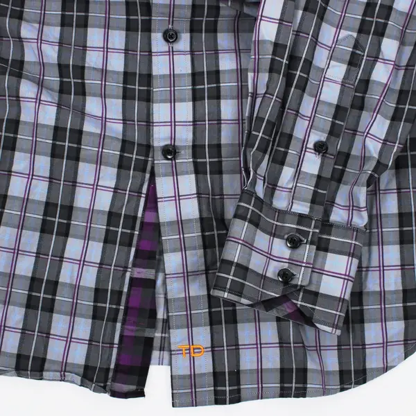 Thomas Dean Men's Large Long Sleeve Plaid Button-Up Shirt Gray Purple Blue
