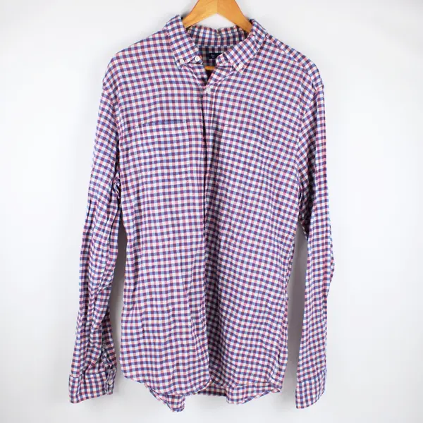Gap Men's Large Slim Fit Gingham Button-Down Shirt Red Blue White