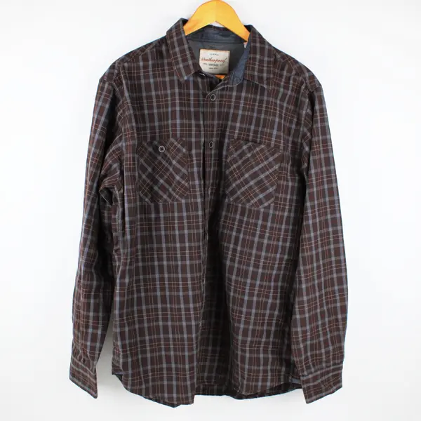 Weatherproof Men's Plaid Button-Up Shirt Large Brown Gray Long Sleeve
