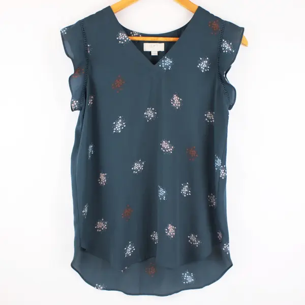LOFT Outlet Petite Small Dark Teal Floral V-Neck Short Sleeve Top