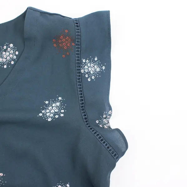 LOFT Outlet Petite Small Dark Teal Floral V-Neck Short Sleeve Top