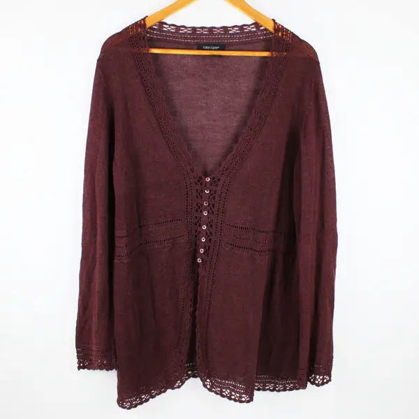 Karen Kane Women's 1X Burgundy Button Front Long Sleeve Knit Top