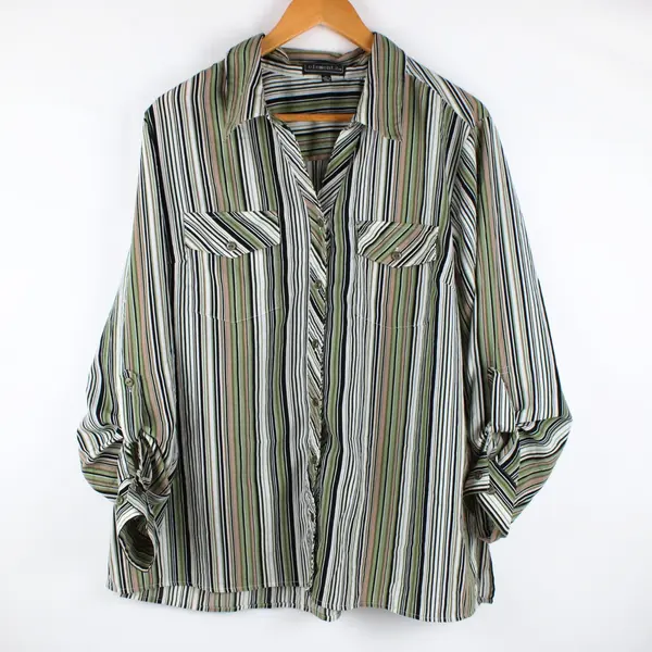 Elementz Women's XL Multicolor Striped Button Front Roll Tab Sleeve Blouse